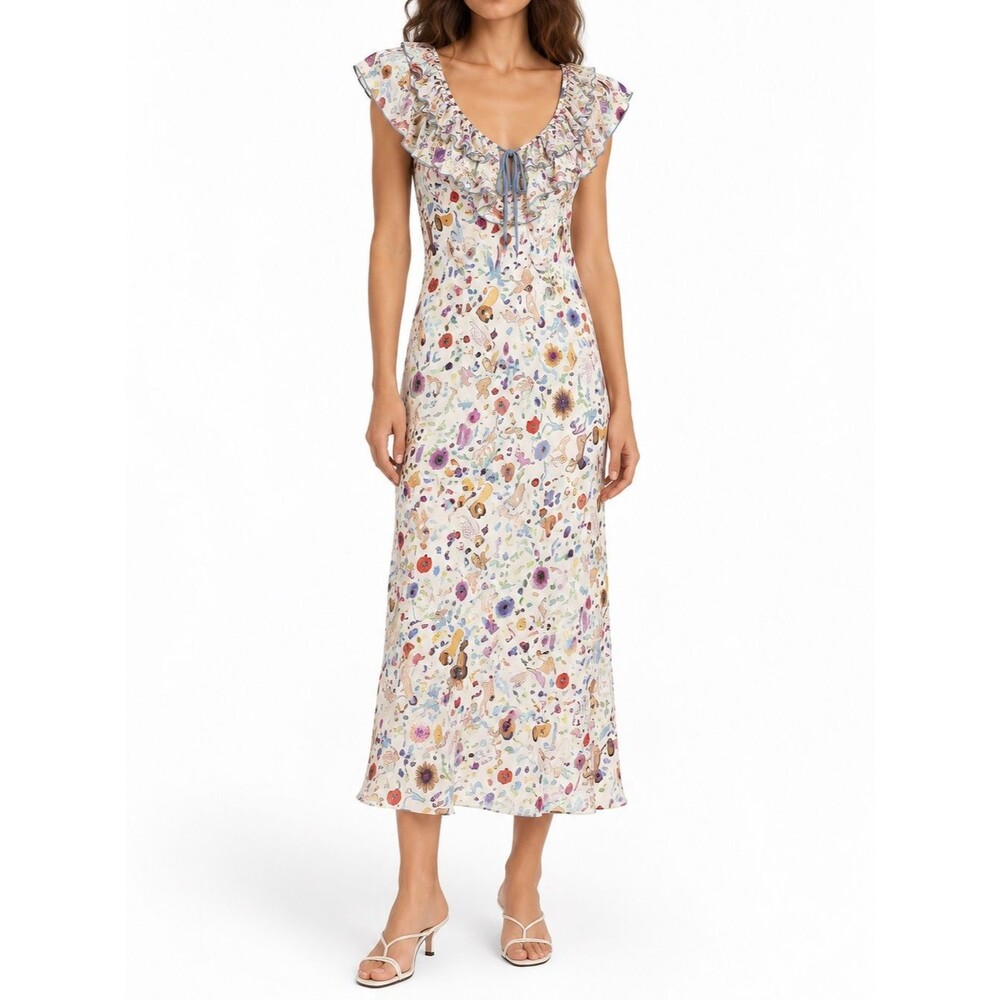 RIXO x Ciao Lucia Seraphina Graphic Print Ruffle Midi Dress Size 6 Viscose